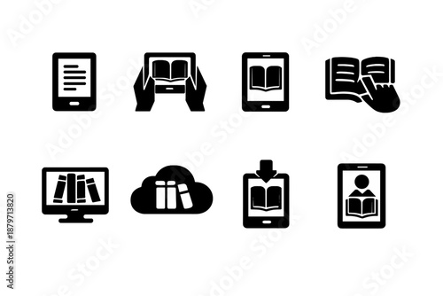 E-Book Icons Collection. E-Books. Filled icon set of E-Books: ebook reader, tablet reading, digital book,