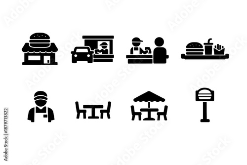 Fast Food Icon Set. Fast Food Restaurant. Filled icon set of Fast Food Restaurant: restaurant building,