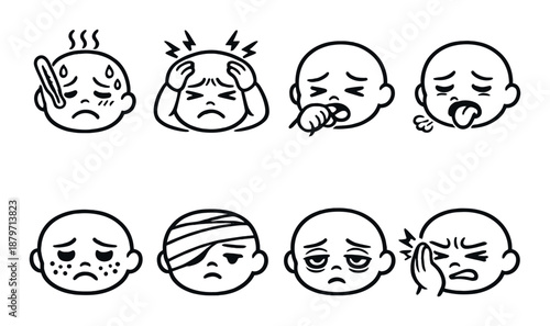 Facial expressions of sickness: illustrations of sad, sick, and pained faces