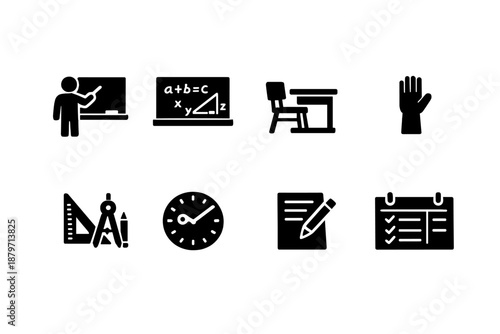  Math Classroom. Filled icon set of Math Classroom: teacher at board, math equations board,