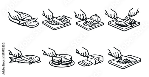 Hand techniques illustrating various food preparation steps including cutting and chopping