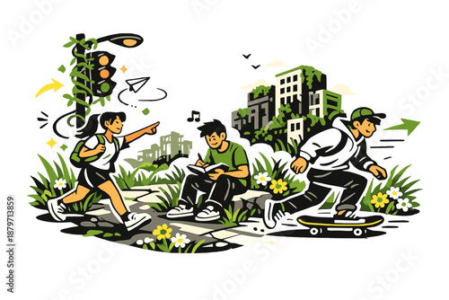  Abandoned downtown overtaken by plants. Tall grass covering streets, flowers blooming from