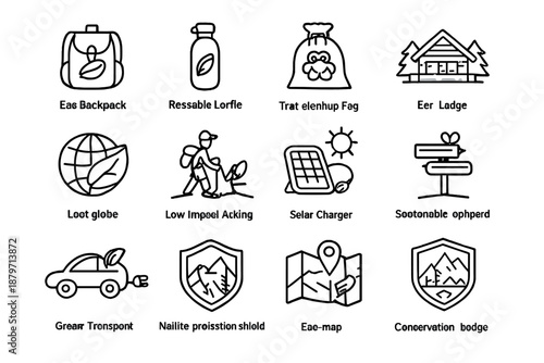 Eco Travel Icons. Eco Mountain Travel. Line outline icon set of eco mountain travel: eco backpack, reusable