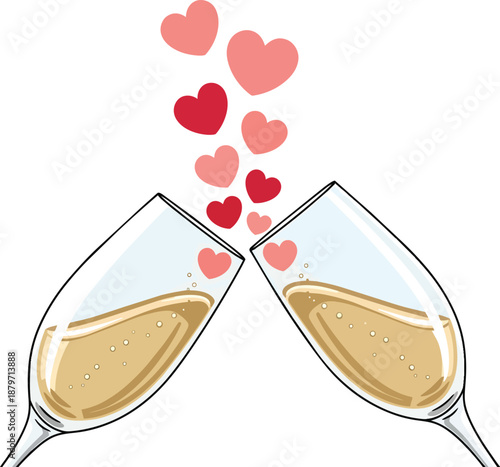 Champagne Glasses Toasting with Hearts.