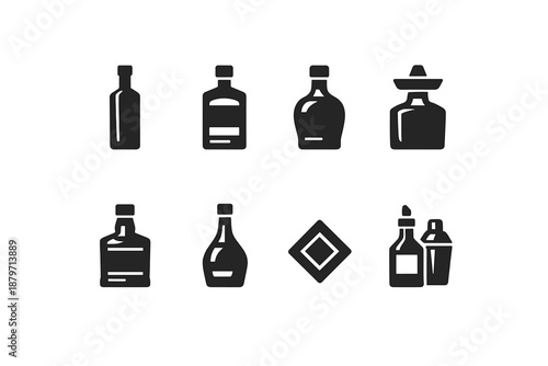 Liquor Bottle Icons. Liquor Bottles. Filled icon set of Liquor Bottles: vodka bottle, gin bottle, rum bottle,
