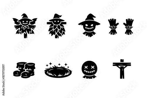  Fantasy scarecrow. Filled icon set of Fantasy scarecrow: fairy scarecrow, leaf cloak,