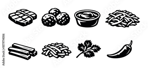 Icon set of food items featuring cheese, meatballs, sauce, and vegetables