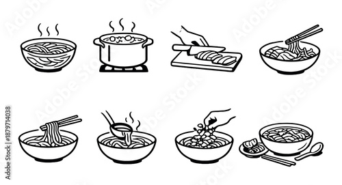 Illustration of ramen preparation steps with ingredients and serving suggestions