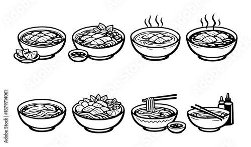 Illustration of various noodle bowls with garnishes and utensils