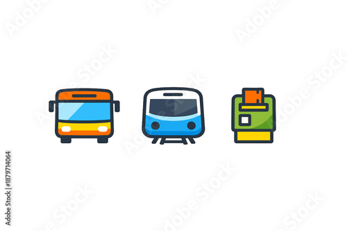Public Transportation Icons: Bus, Train, and Ticket Machine