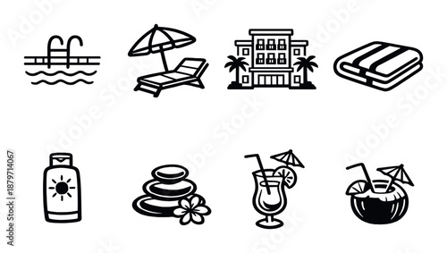 Minimalist vacation icons featuring hotel pool and beach elements