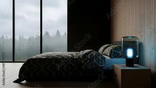 Cozy bedroom with modern nightstand and blue glowing lamp by wooden wall