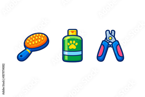 Pet grooming icons: brush, shampoo, and nail clippers