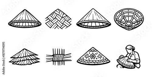 Traditional asian conical hat making process in illustrations
