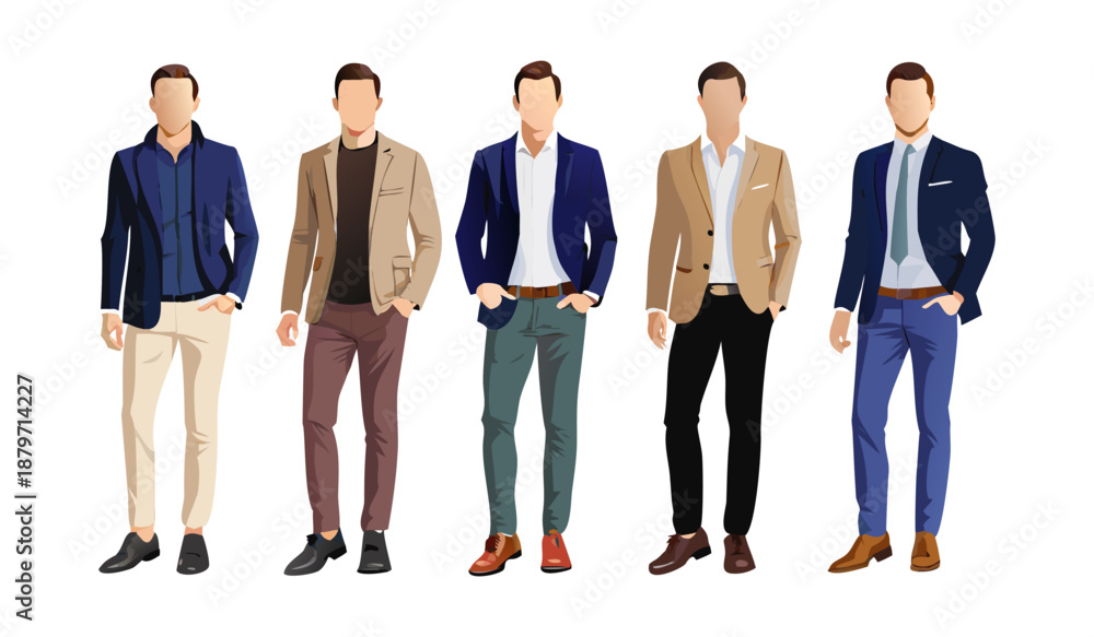 Fototapeta premium Diverse group of men in stylish business casual and formal attire standing together. Three diverse men posed together wearing stylish casual outfits. vector of a young man wearing an office suit.