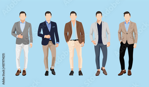 Diverse group of men in stylish business casual and formal attire standing together. Three diverse men posed together wearing stylish casual outfits. vector of a young man wearing an office suit.