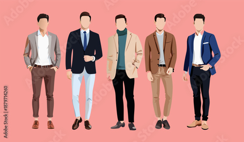 Diverse group of men in stylish business casual and formal attire standing together. Three diverse men posed together wearing stylish casual outfits. vector of a young man wearing an office suit.