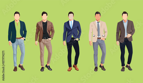 Diverse group of men in stylish business casual and formal attire standing together. Three diverse men posed together wearing stylish casual outfits. vector of a young man wearing an office suit.