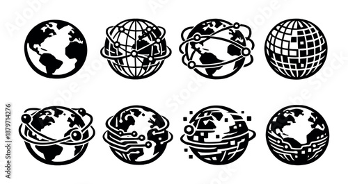Set of eight digital globe icons featuring technology and network symbols