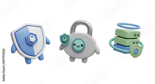 3D icon set for cybersecurity: shield, padlock, and server security elements, isolated on transparent background
