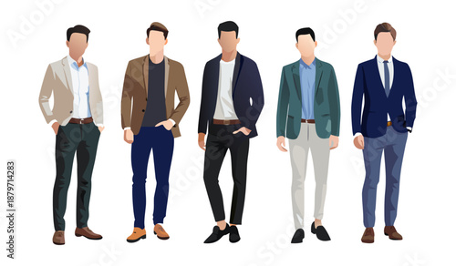 Diverse group of men in stylish business casual and formal attire standing together. Three diverse men posed together wearing stylish casual outfits. vector of a young man wearing an office suit.