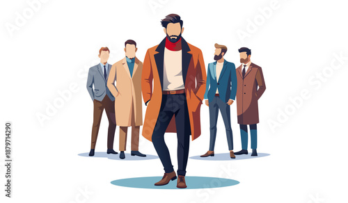 Diverse group of men in stylish business casual and formal attire standing together. Three diverse men posed together wearing stylish casual outfits. vector of a young man wearing an office suit.