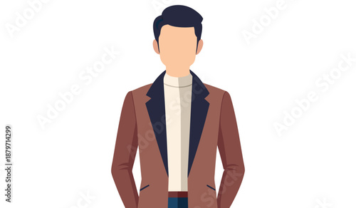 Diverse group of men in stylish business casual and formal attire standing together. Three diverse men posed together wearing stylish casual outfits. vector of a young man wearing an office suit.
