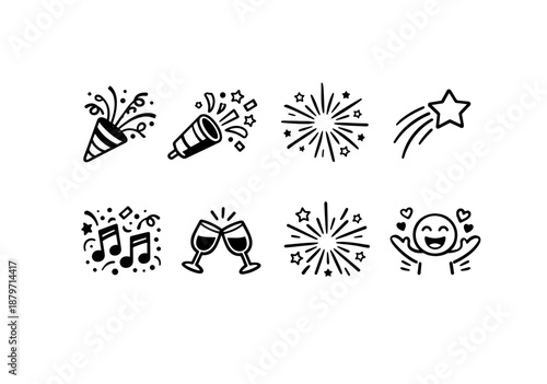 Celebration icons: confetti, fireworks, shooting star, music, toast, joyful emoji
