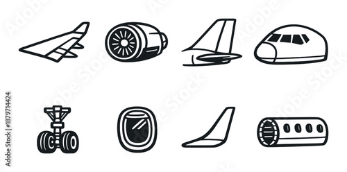 Airplane components: wing, engine, tail, cockpit, landing gear, window, fin, fuselage