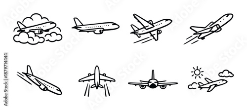 Various illustrations of airplanes in flight and different angles on gray background