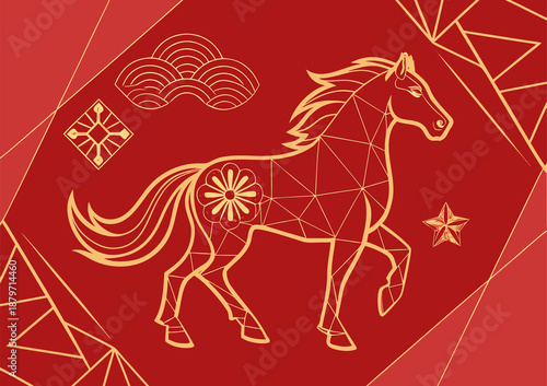 Modern Geometric Golden Horse Illustration for Chinese New Year Zodiac on Red Background