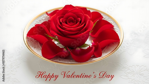 Single red rose on a plate for valentine's day