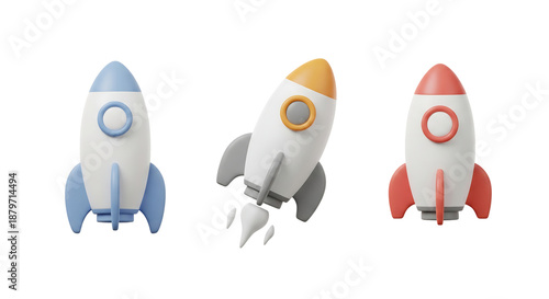 3D rocket icon set for business and startup: blue, yellow, and red rocket ship elements, isolated on transparent background