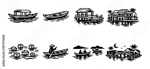 Monochrome illustrations of boats, houses, and scenic landscapes