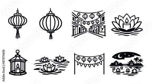 Festive lantern and lotus icons in minimalist black and white design