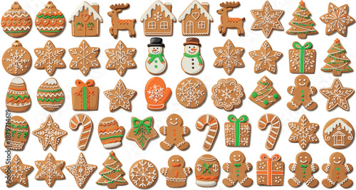 Vector illustration set of realistic Christmas gingerbread cookies featuring colorful green and orange icing snowmen reindeer and holiday treats
