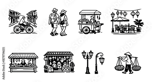 Monochrome illustrations of market scenes and street vendors