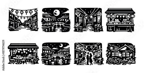 Silhouetted asian night market scenes with lanterns and bridges