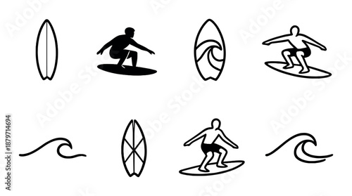 Surfboard and surfer icons with wave symbols in minimalist style