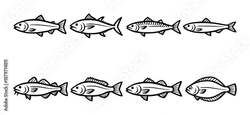 Set of eight stylized fish icons on gradient background