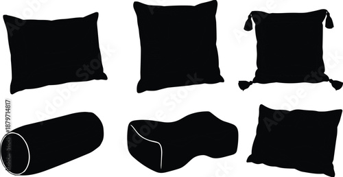 Black silhouette cushion and pillow collection, modern home decor textile shapes set, interior design soft furnishing vector illustration