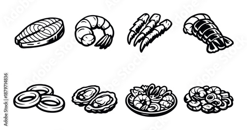 Stylized black and white illustrations of seafood varieties