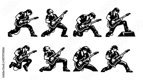 Male guitarist silhouettes performing rock guitar solos in dynamic poses