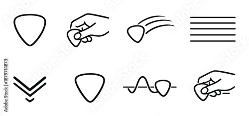 Minimalist music icons featuring guitar picks and hand gestures on dark background