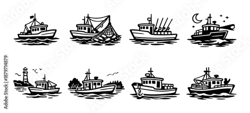 Vintage nautical illustrations of fishing boats and seascapes in monochrome design