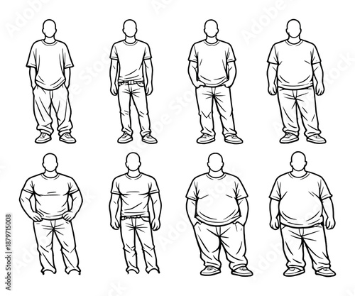 Male body types: diverse outlines of caucasian adults in casual wear