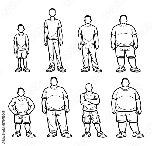 Diverse male figures: from child to adult with varying body types