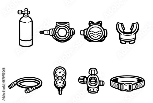 Scuba diving equipment icons: tank, regulator, gauge, hose, belt, mouthpiece