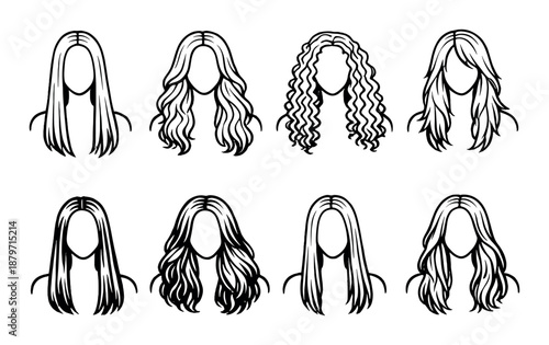 Collection of elegant female hair silhouettes with various hairstyles