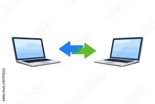 Two laptops communicating with arrows
